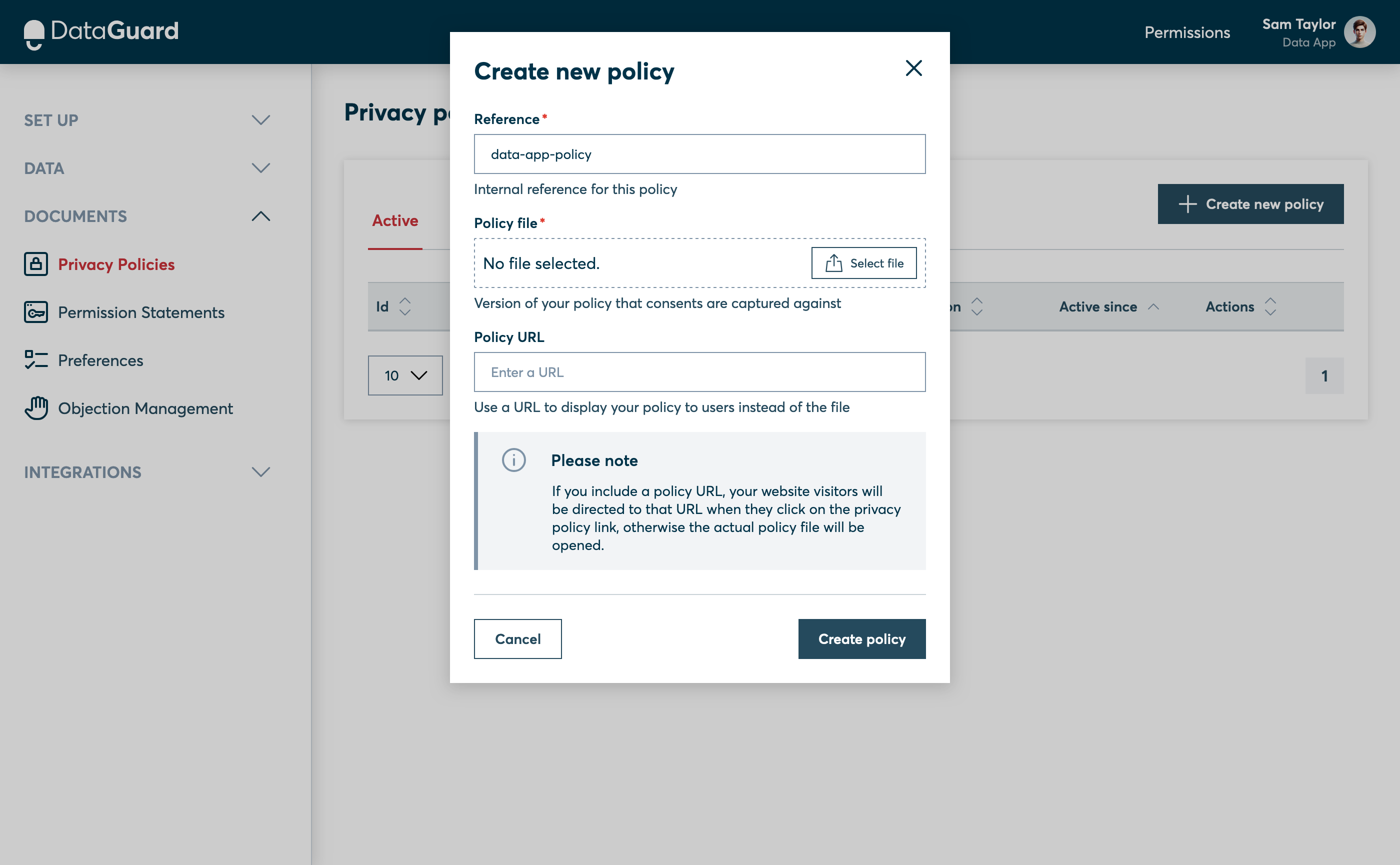 Privacy Policy creation modal with Reference entered.