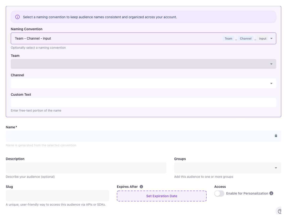 Audience builder with a convention applied — per-variable dropdowns, free-text field, locked Name field with lock icon