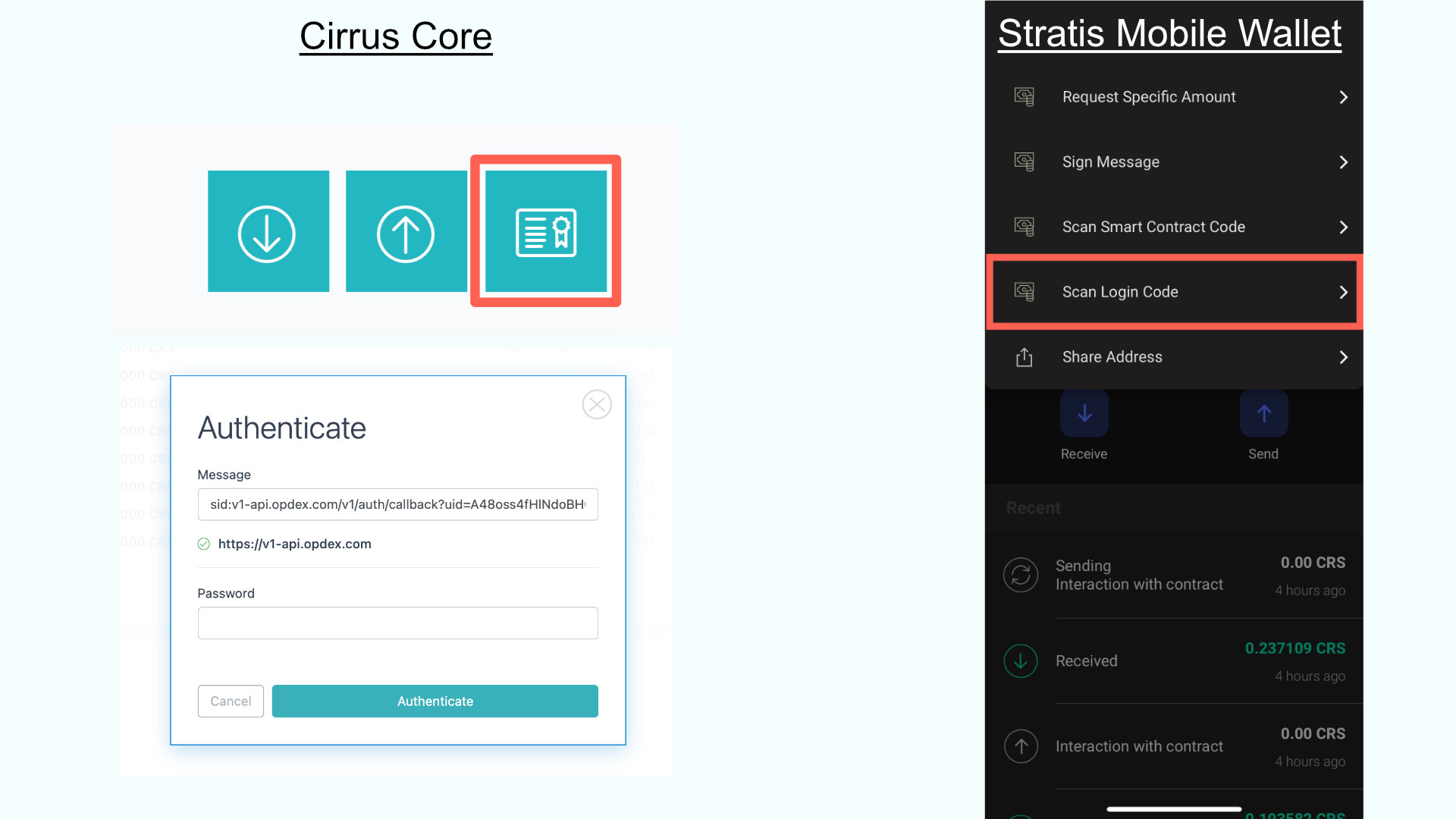 Cirrus Core and Stratis Mobile Wallet login views