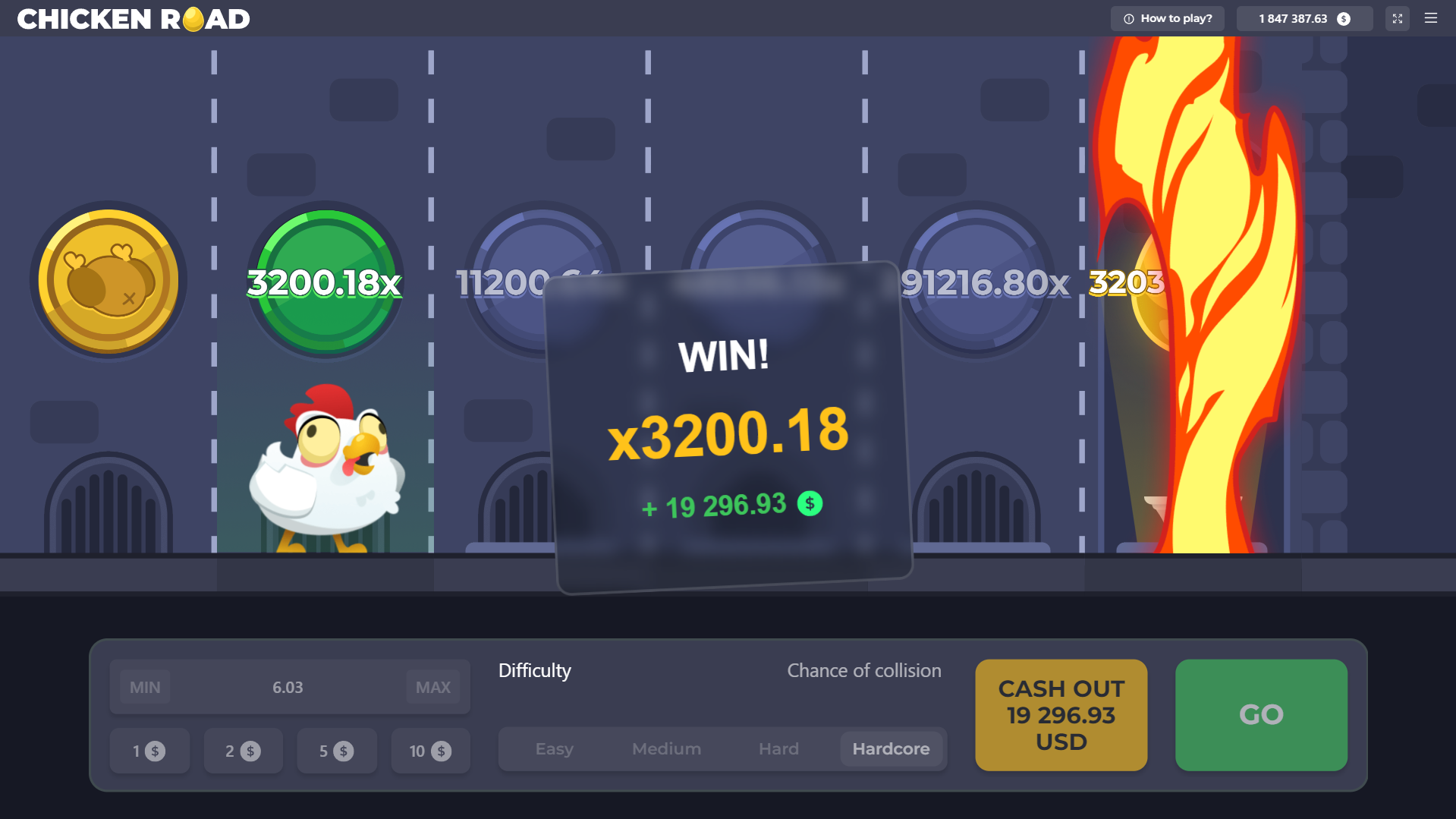 Big win in Chicken Road game with x3200.18 multiplier – cartoon chicken dodges fire in hardcore mode, wins $19,296.93 in crash-style slot game.
