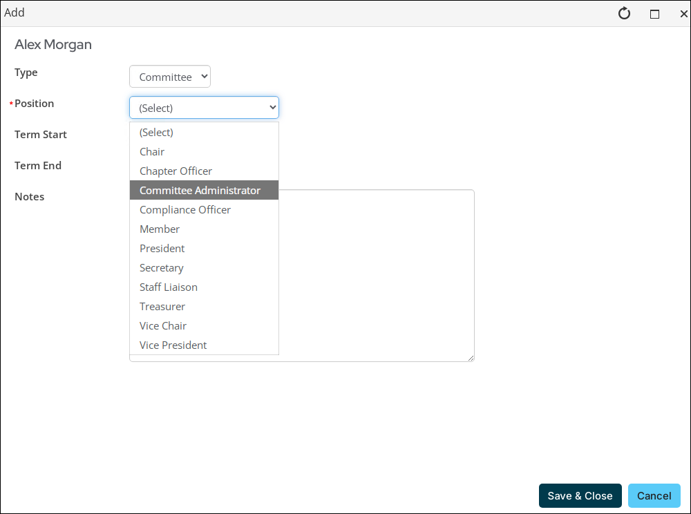 Select the committee administrator option from the position drop-down.