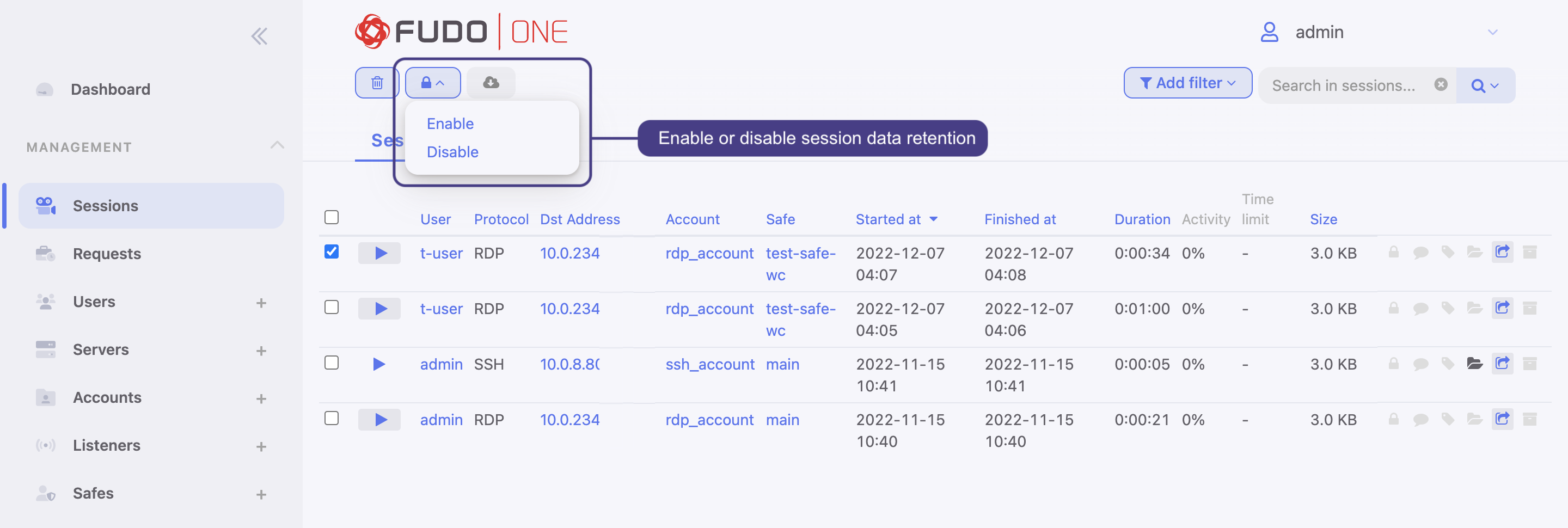 Session data retention