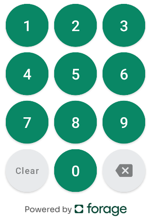 A numeric PIN pad with 12 round buttons arranged in a 4x3 grid. Buttons 1 through 9 are in green circles. The bottom row contains a gray ‘Clear’ button on the left, a green ‘0’ button in the center, and a gray backspace icon button on the right.