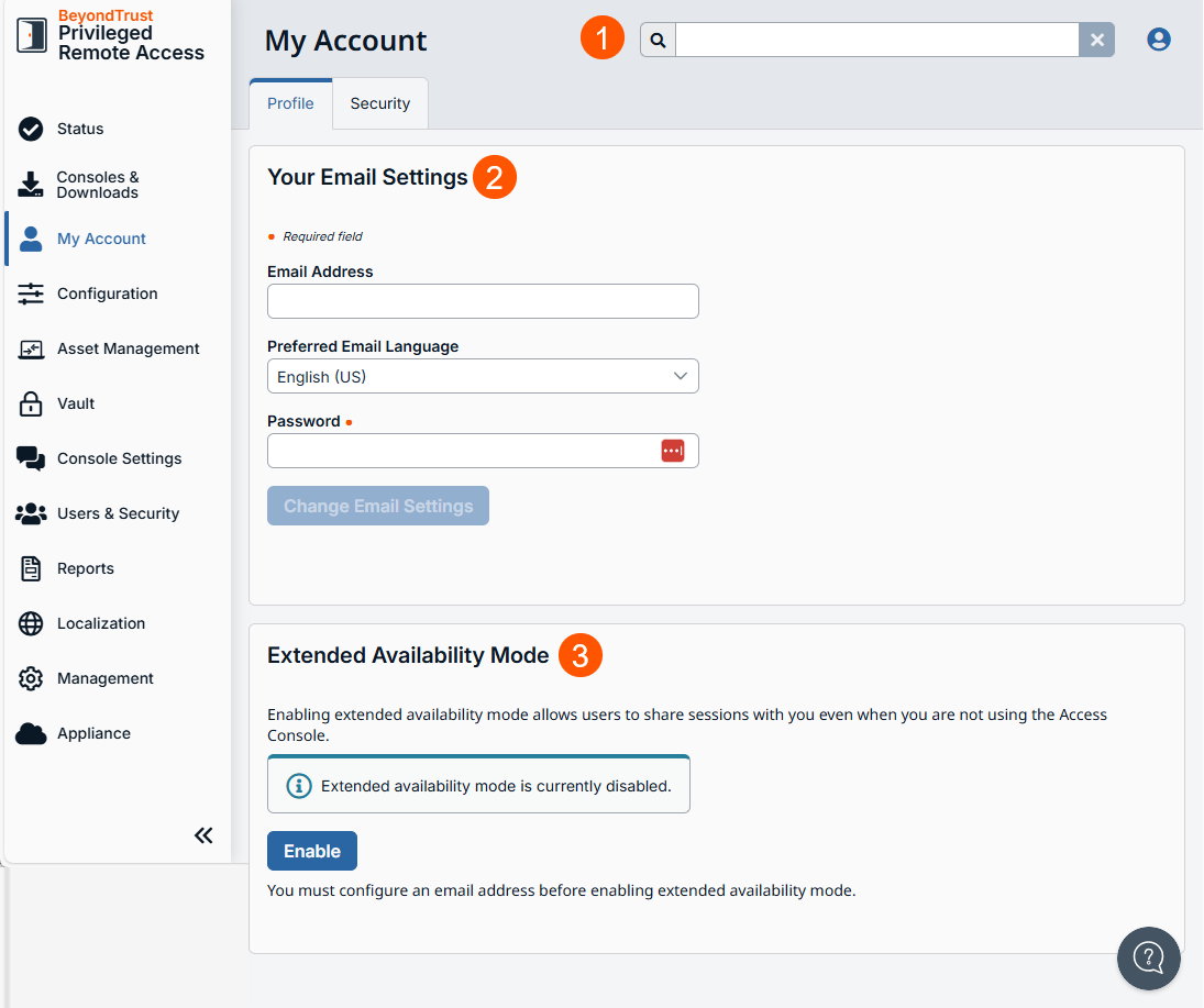 An image of the "My Account" section in the BeyondTrust Privileged Remote Access interface, under the "Profile" tab. The interface includes two main sections: "Your Email Settings," with fields for email address, preferred email language, and password, along with a "Change Email Settings" button; and "Extended Availability Mode," which includes a description of the feature and an "Enable" button. A message indicates that extended availability mode is currently disabled. The left navigation panel lists various sections such as Status, Consoles & Downloads, Configuration, Vault, Reports, and more.