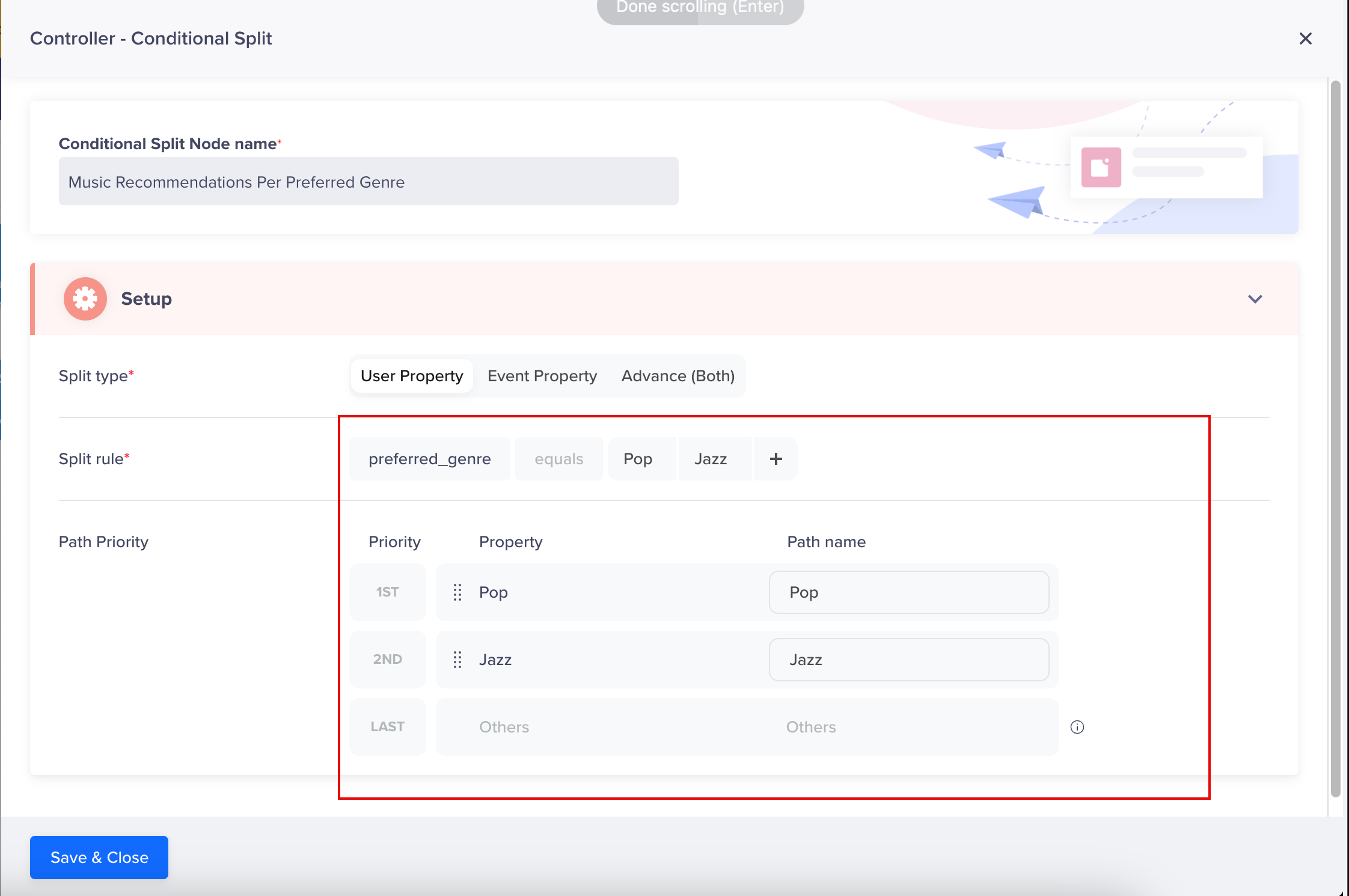 Conditional Split by User Property Setup for Trigger Type Action Node