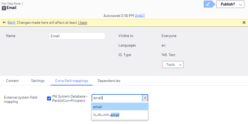 Screenshot of the Extra field mappings tab where mapping a form field to the Pardot email database field