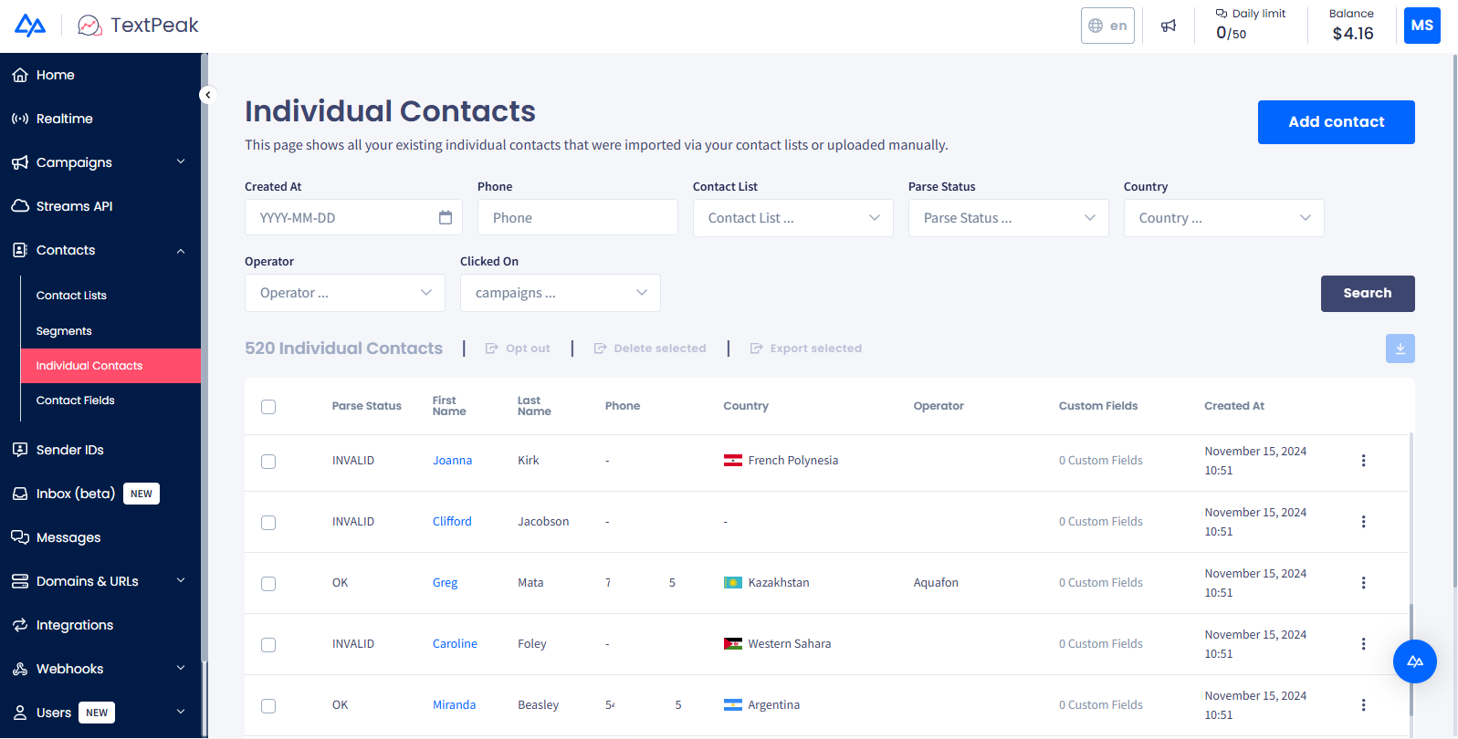 **Individual Contacts** menu tab