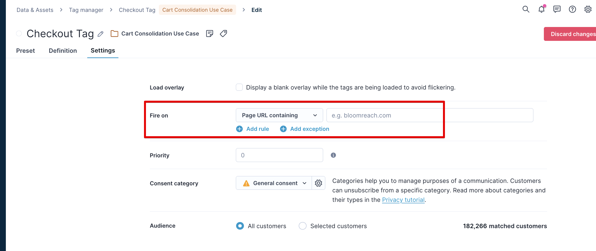 Display page settings showing Fire on field with checkout URL pattern