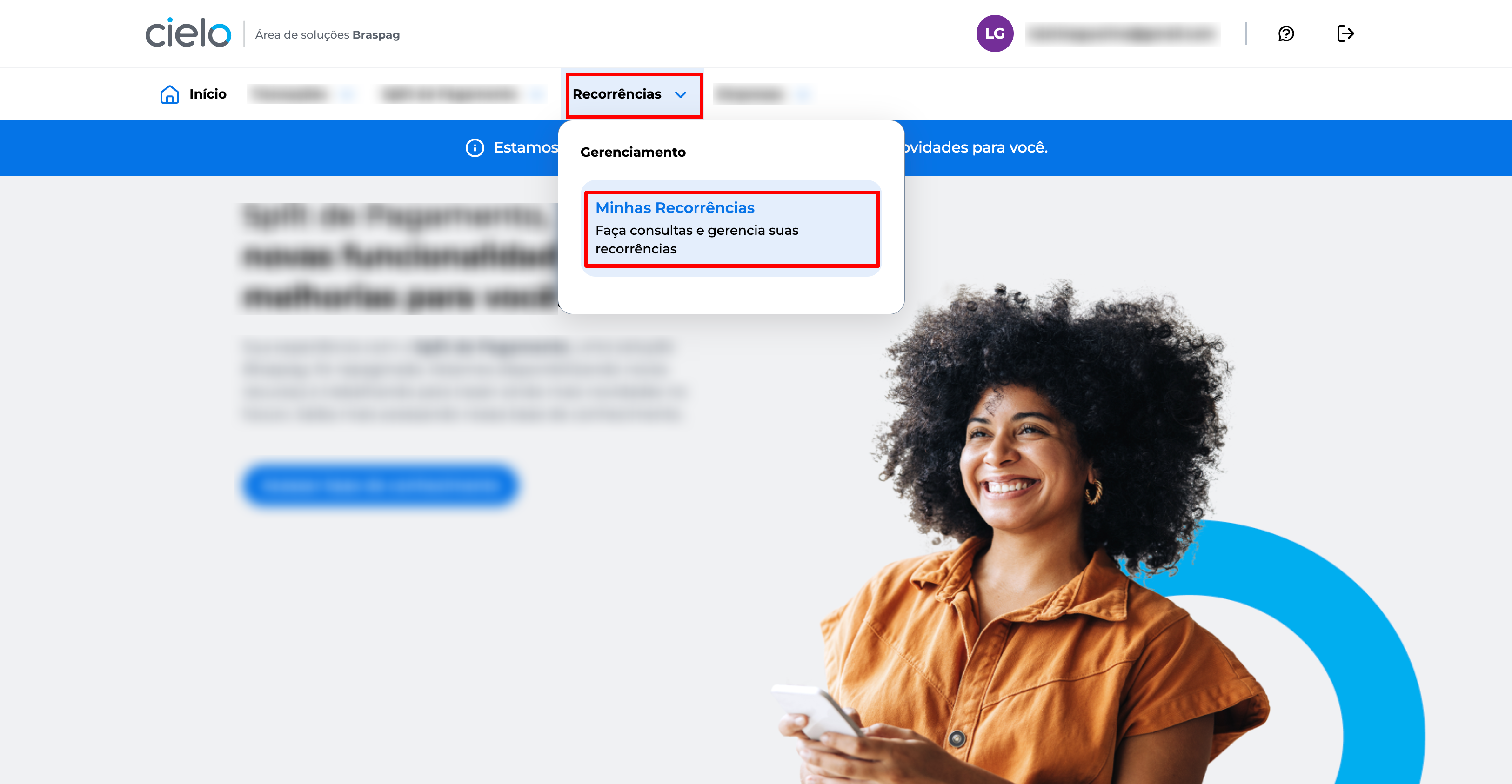 Tela inicial do Portal E-commerce da Cielo com o menu lateral aberto, destacando a opção "Recorrências" e o sub-menu "Minhas Recorrências" selecionado.