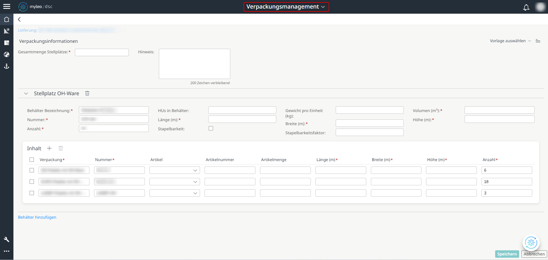Verpackungsmanagement (Beispielansicht)
