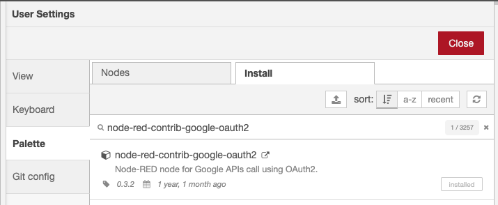 2. nr_google_node.png Installing OAuth2 node in Node-RED
