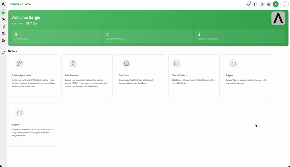 Screenshot: Empty ORIA Workbench workspace, no sessions yet