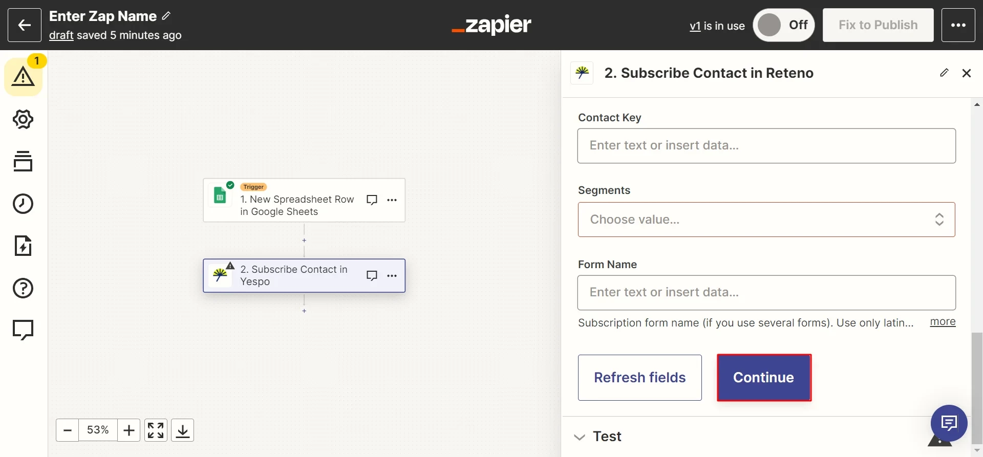 Zapier action setup panel with empty Contact Key, Segments, and Form Name fields and the Continue button highlighted