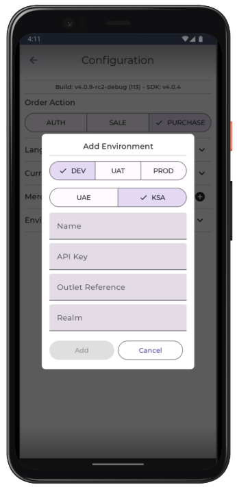 The screenshot demonstrates the steps needed to take to configure the environments from within the demo app