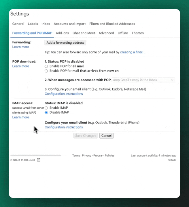 Gif showing Gmail's "Forwarding and POP/IMAP" settings where the IMAP setting is switched from "disabled" to "enabled". 