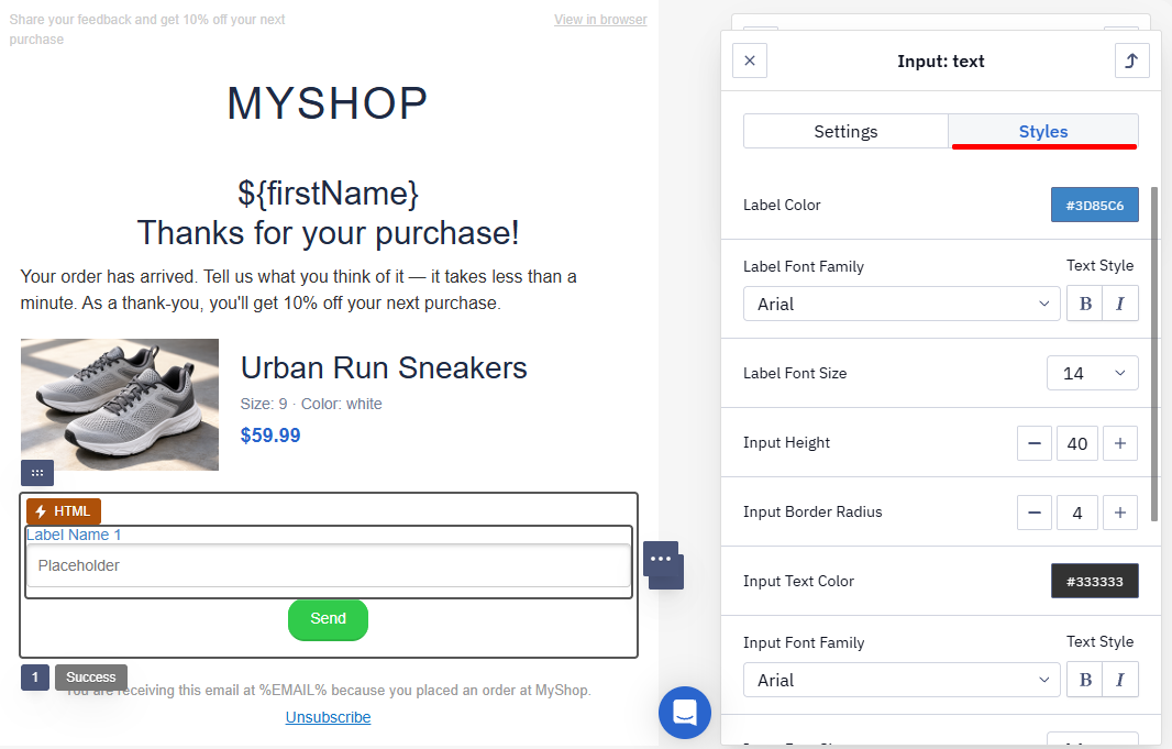 Styles tab in the field settings with label and input color, font, and size options