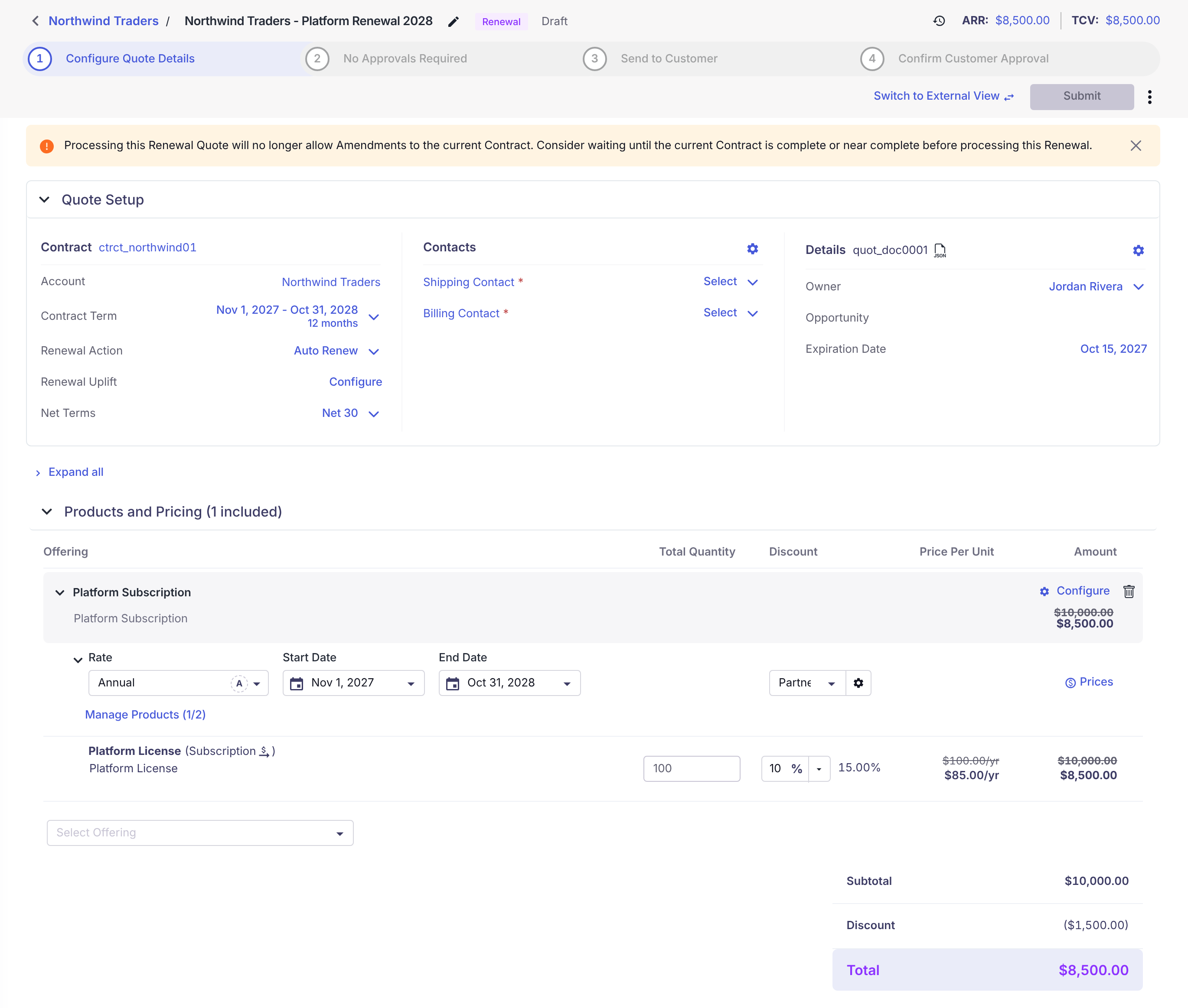 A renewal quote for Northwind Traders. The Platform License line still has its 10% custom discount and the Partner Discount, for 15.00% off. The totals show Subtotal $10,000.00, Discount ($1,500.00), and Total $8,500.00. The Switching Credit offering is not on the renewal.