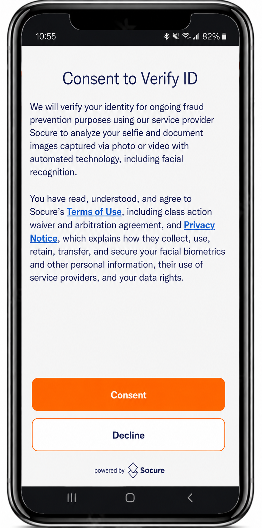 Terms and Consent: A mandatory notice and consent feature displayed prior to the initiation of the selfie capture process.