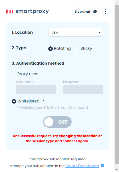 Error - Unsuccessful request. Try changing the location or the session type and connect again.