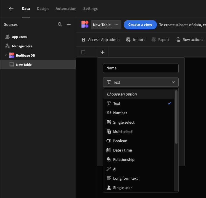 Column types displayed in a dropdown when creating a new column for the internal Budibase DB