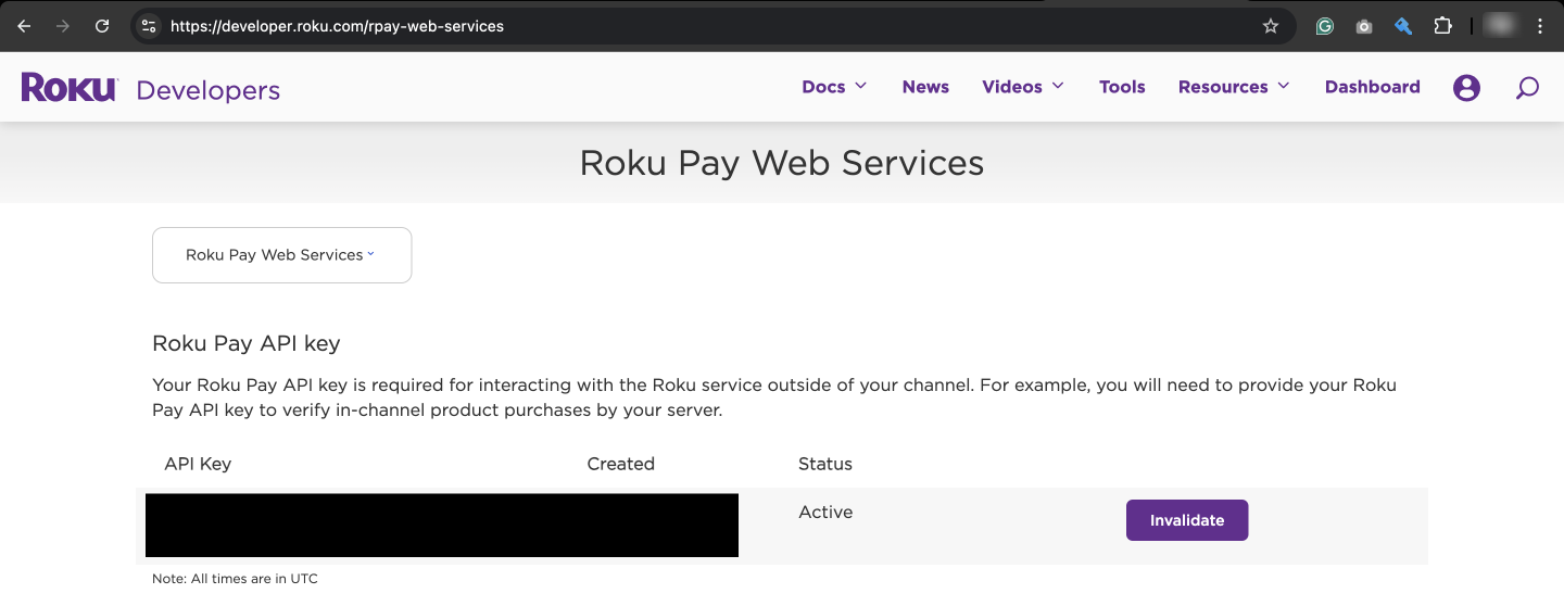 Roku Pay web Services - API Key