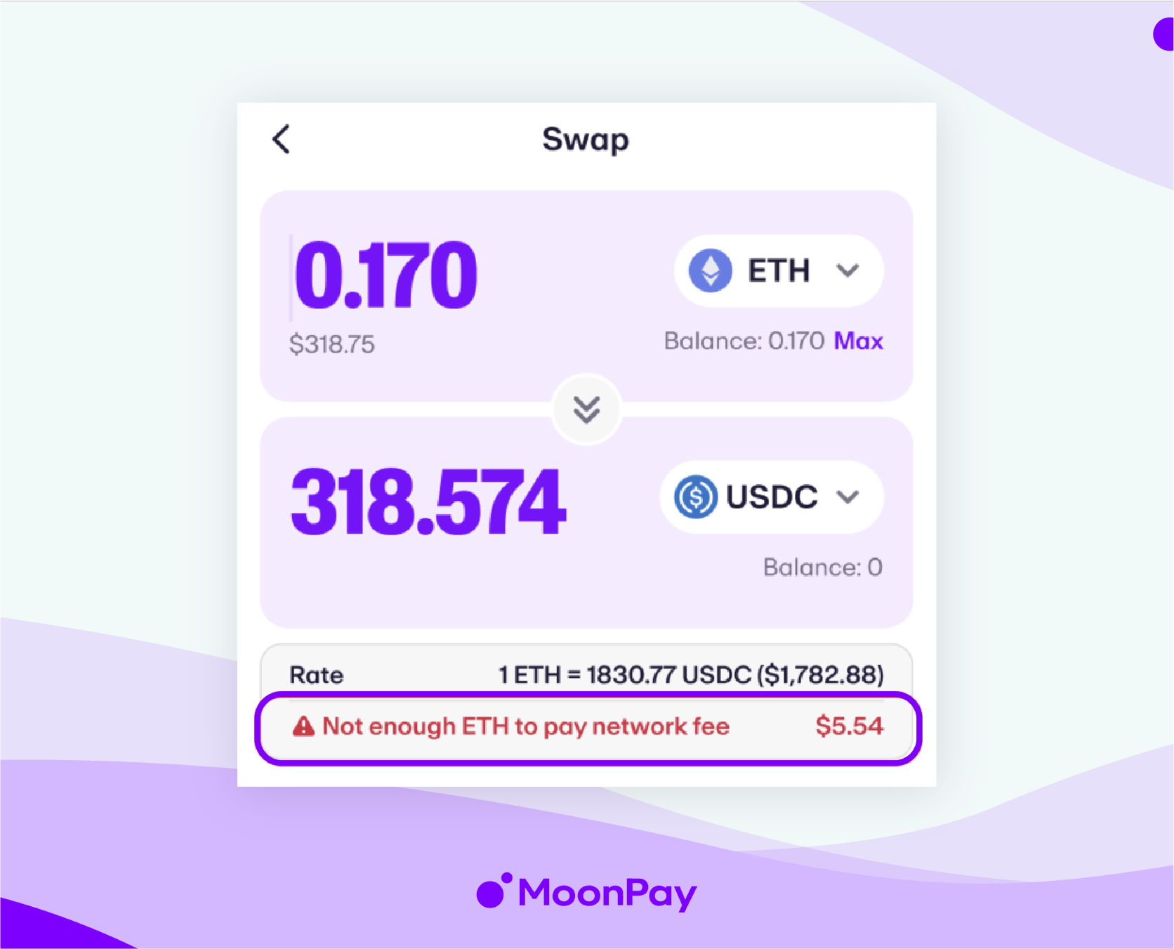 MoonPay's app window shows inadequate funds to cover the transaction.