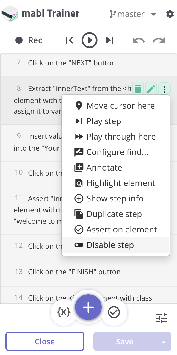 More actions menu with an option to disable the step.