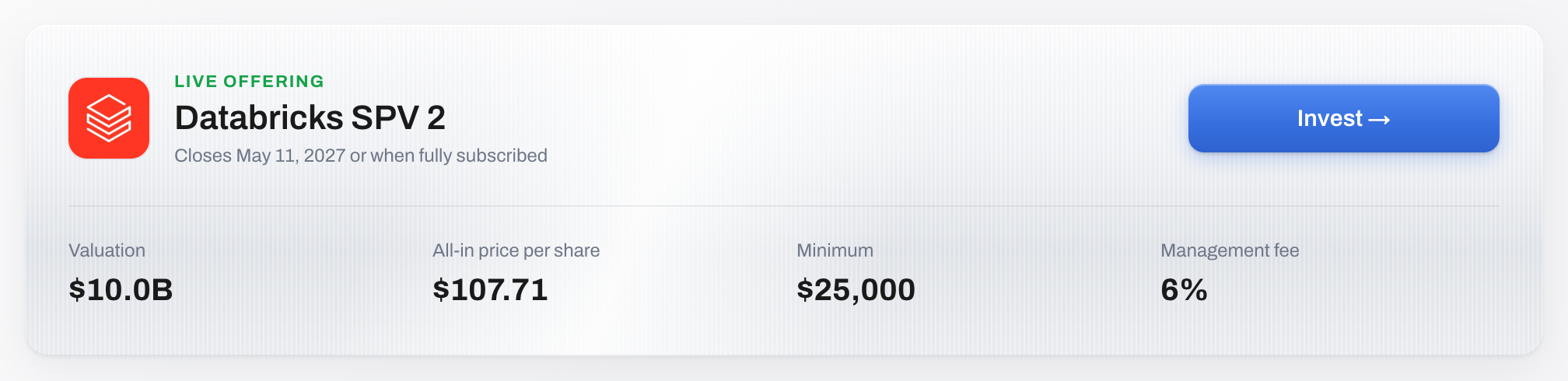 A company page's featured offering, with an Invest action