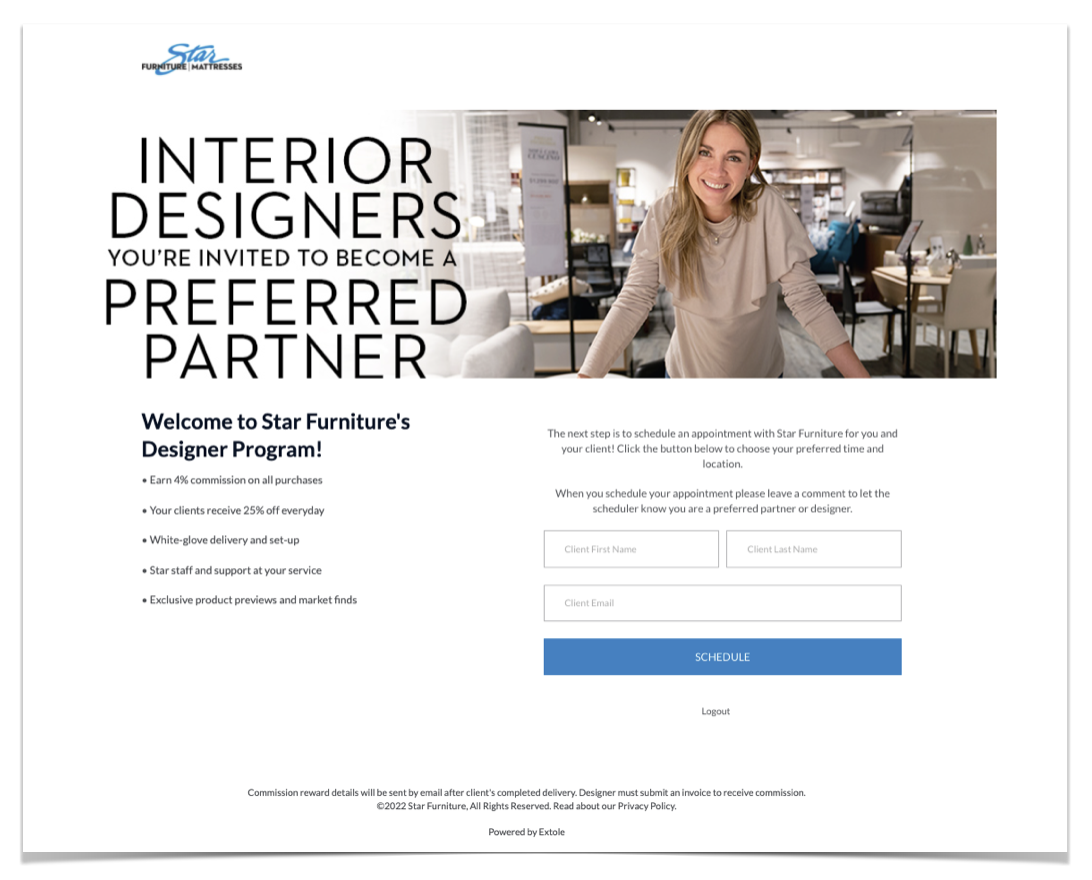 Star Furniture's appointment scheduling microsite for their referral program