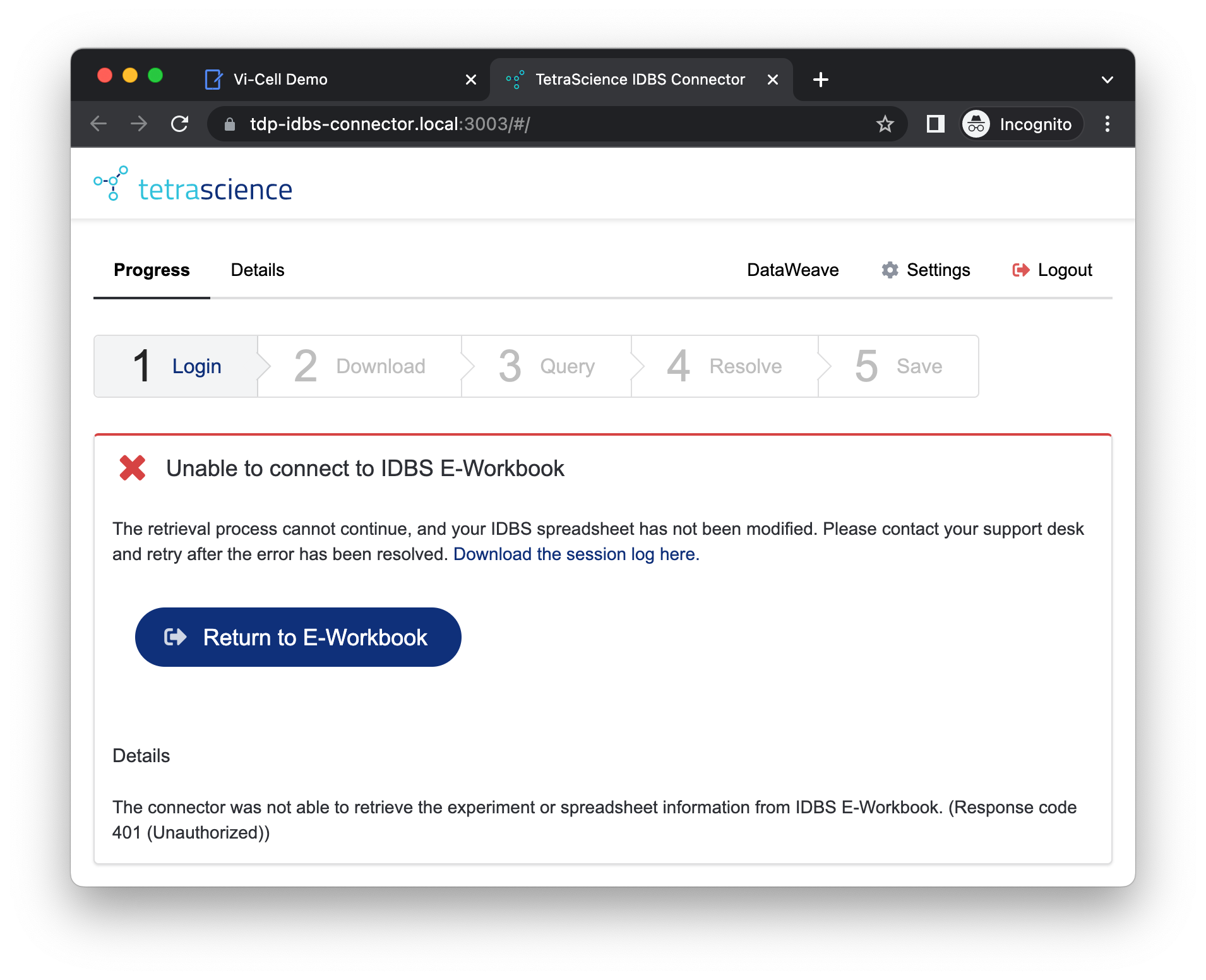 Figure 10. Incorrect IDBS OAuth Settings, Error: 401 (Unauthorized)