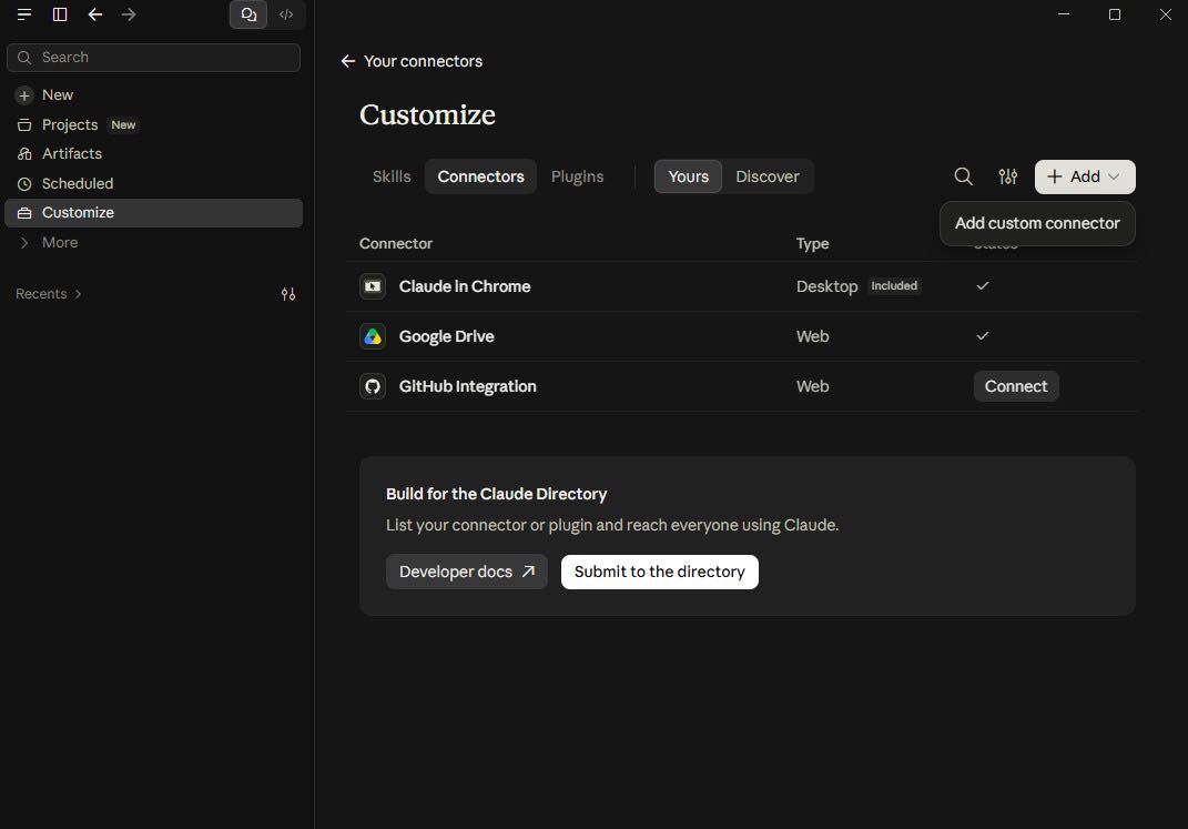 Customize → Connectors → Add → Add custom connector