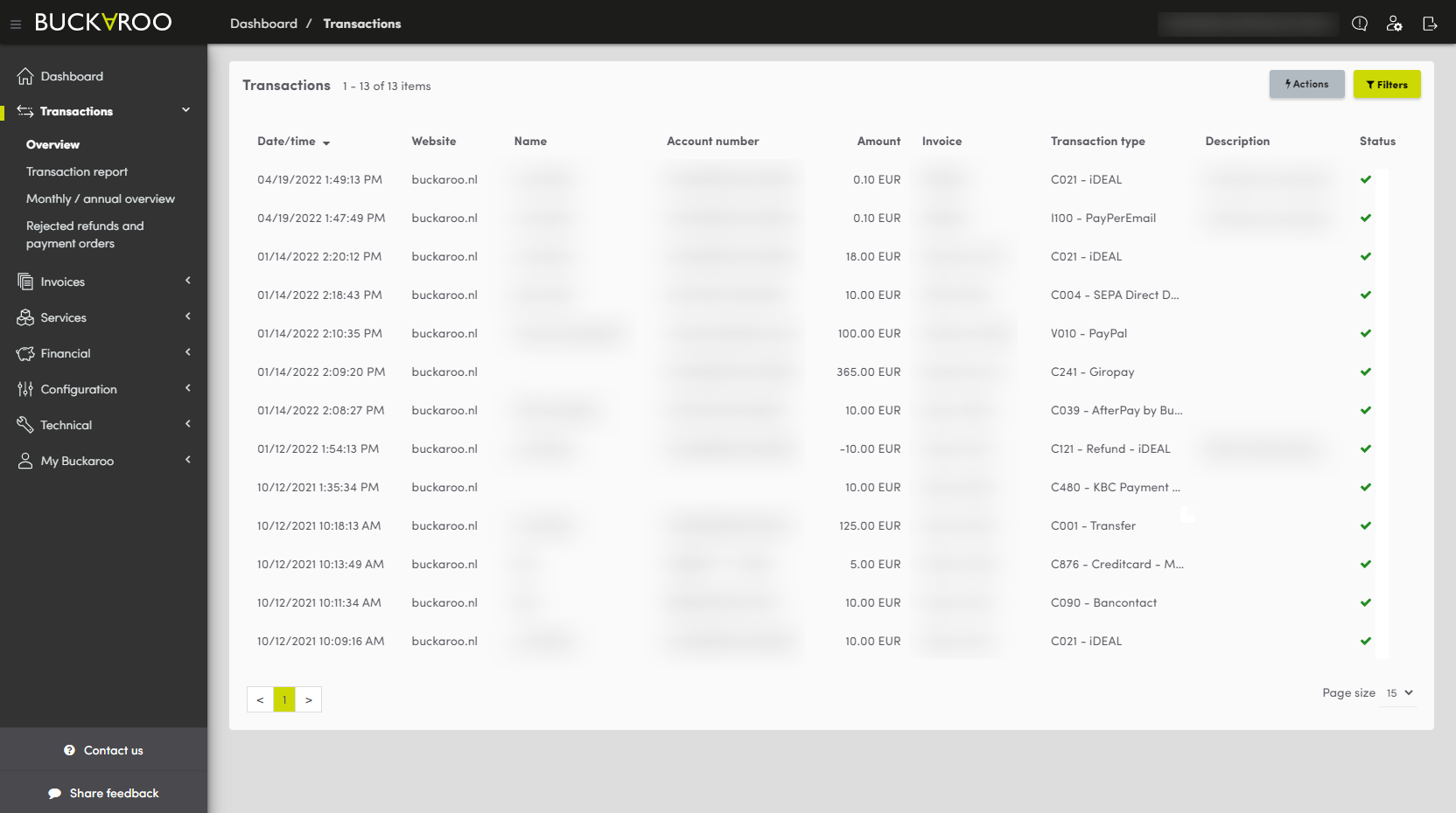 Transaction overview - Buckaroo