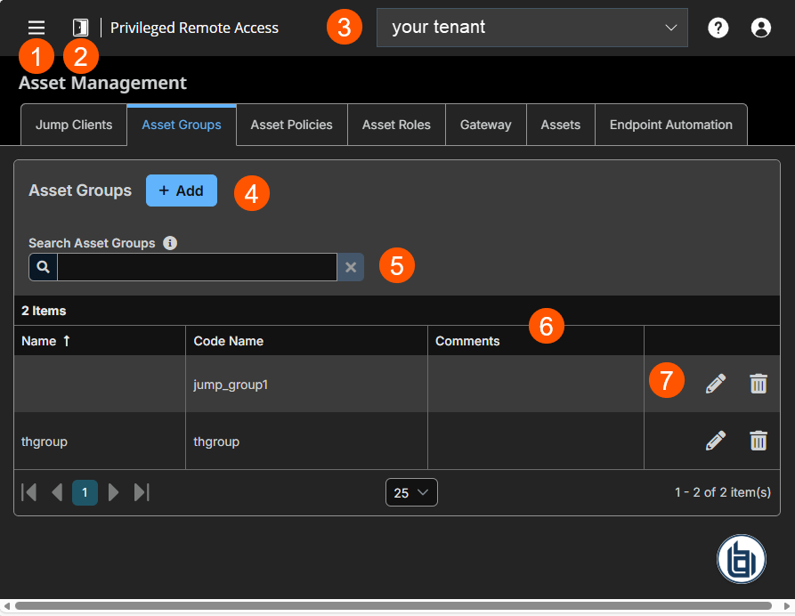 The image shows a user interface for Privileged Remote Access with various elements labeled. The top bar includes a menu icon, a navigation icon, and the tenant name "your-tenant." The "Asset Groups" tab is selected among several tabs. There is an "Add" button, a search bar, and a table listing Asset Groups with columns for Name, Code Name, and Comments.