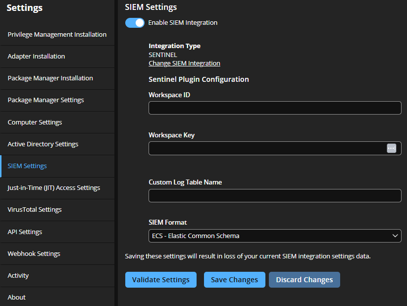 SIEM settings for Microsoft Sentinel