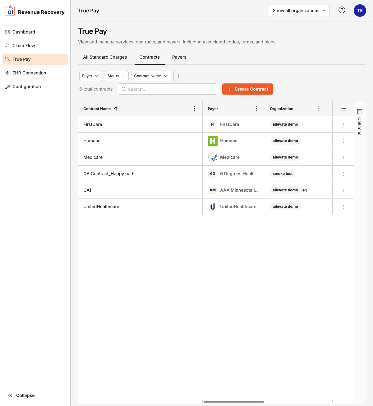 Contracts list showing contract names, payers, organizations, and date columns with filter buttons