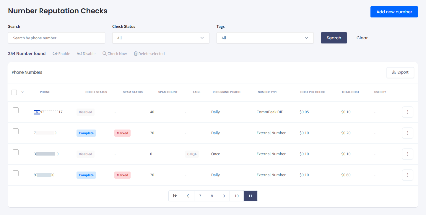 Screenshot of the Number Reputation Checks page