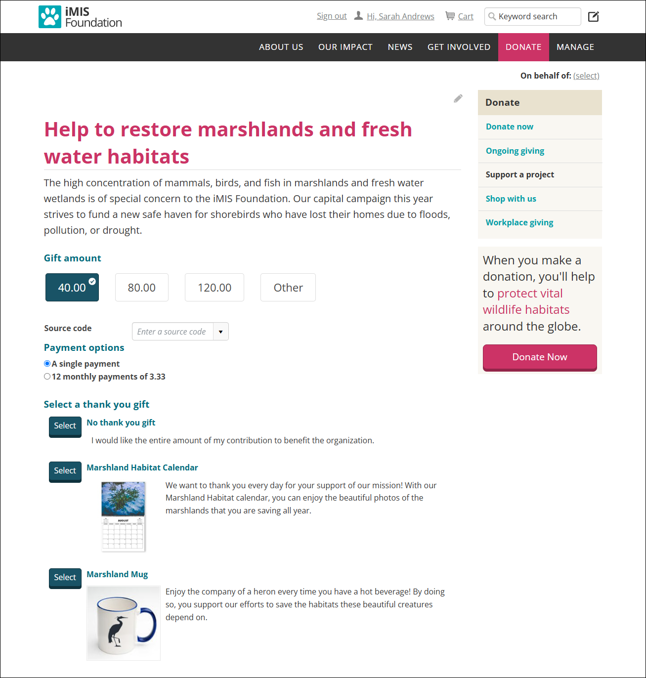 Example donation page with premiums configured