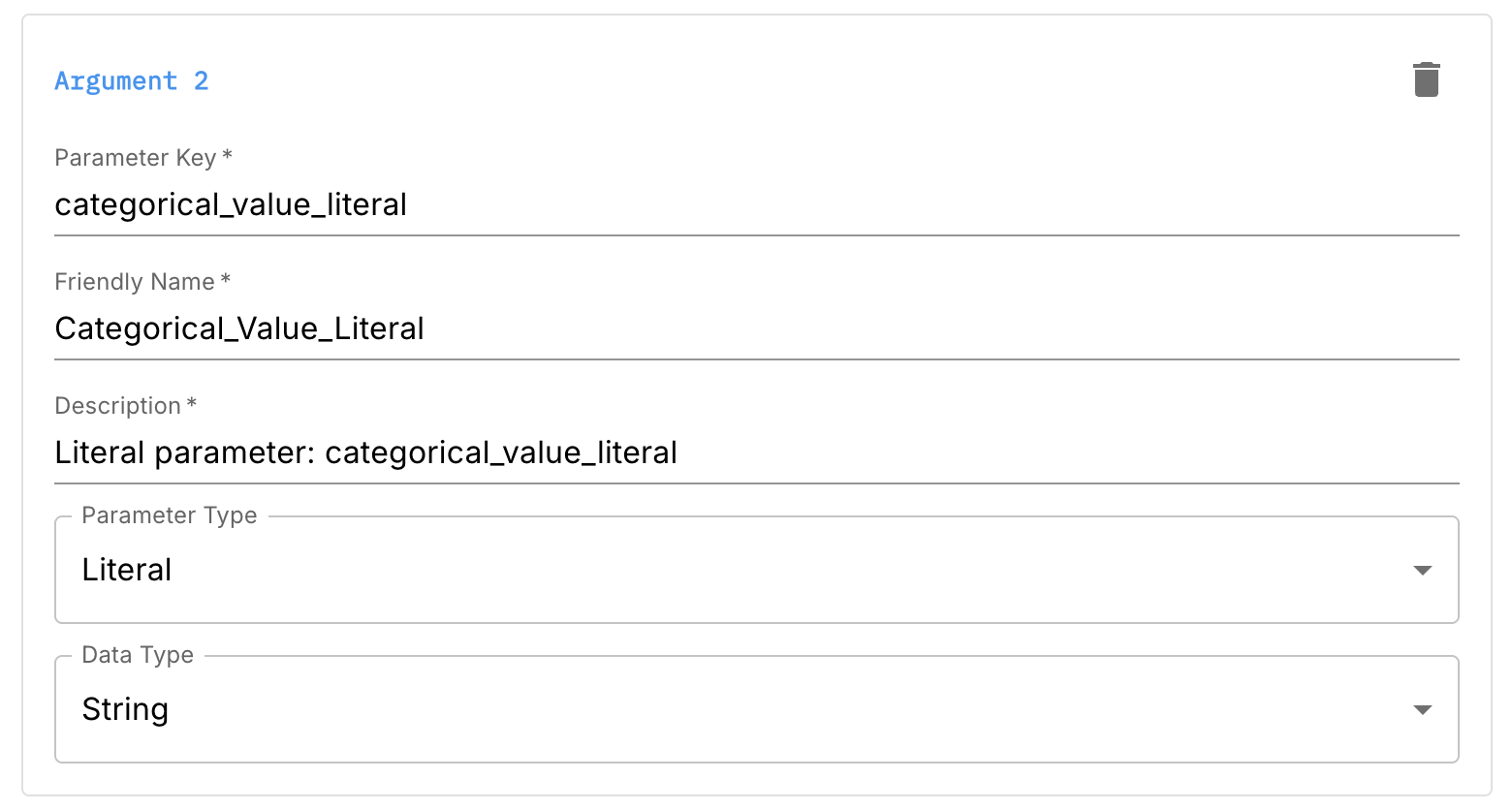 Literal argument configuration