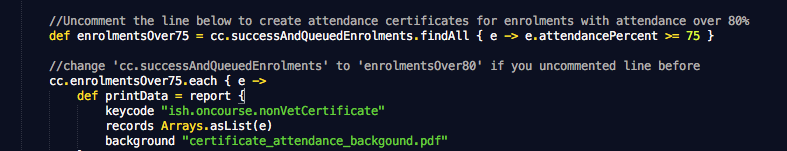 Figure 441. Changes made to the default script rules to check for a 75% attendance before issuing the certificate