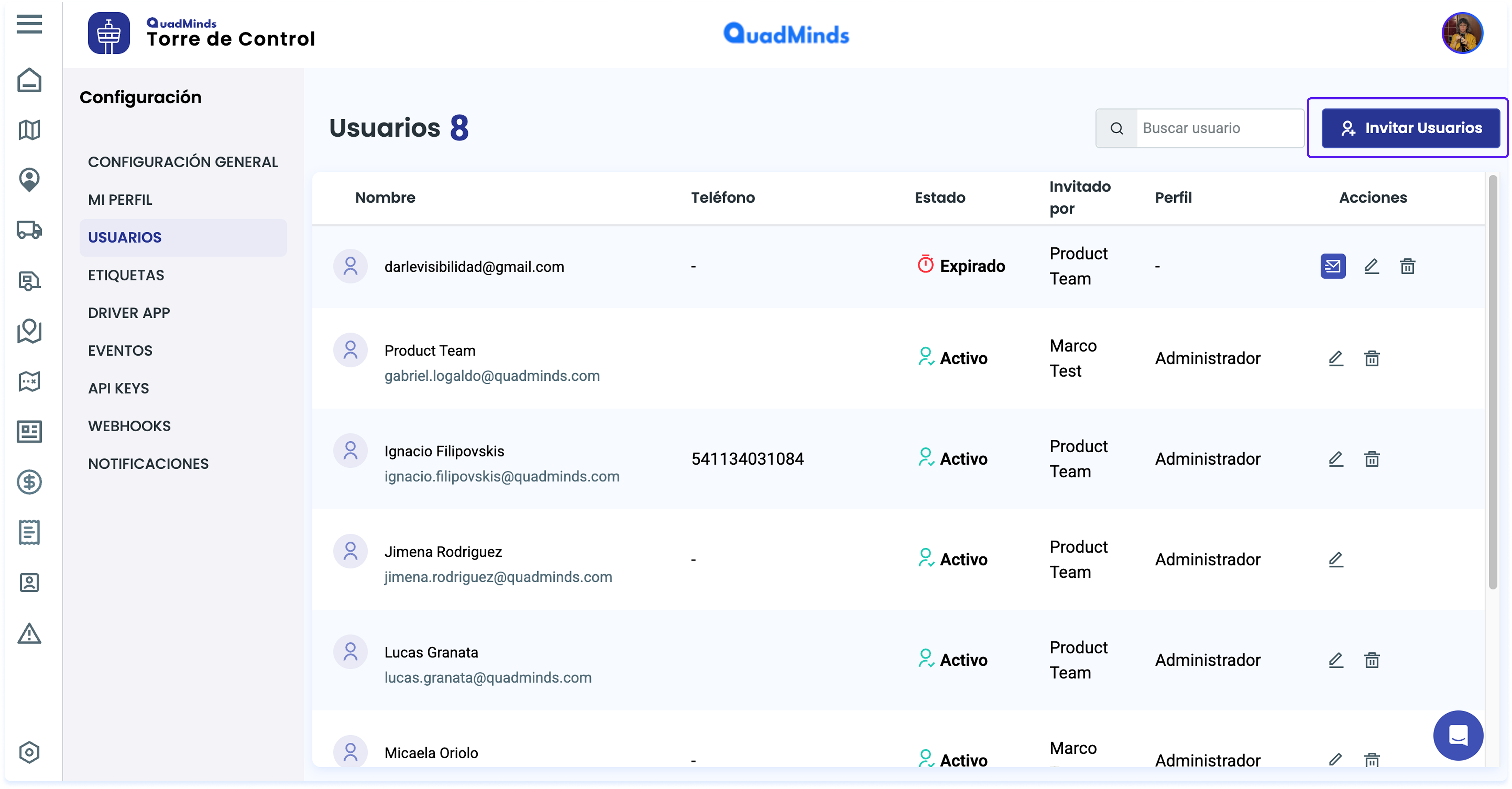 Desde el icono de abajo a la izquierda se podrá acceder a la configuración. Se podrá invitar a los Usuarios de la plataforma y editar los permisos de edición y visualización.