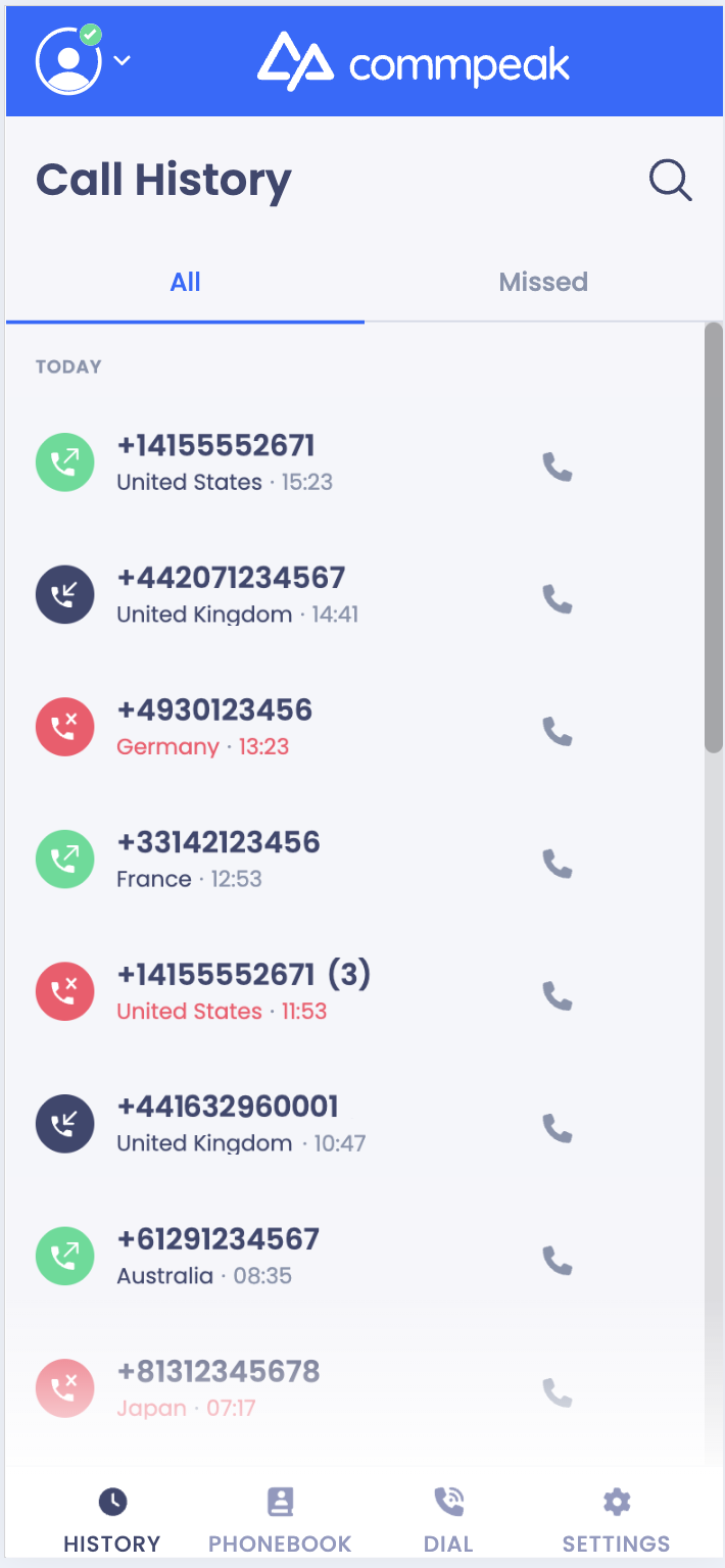 Screenshot of the Call History screen: All tab