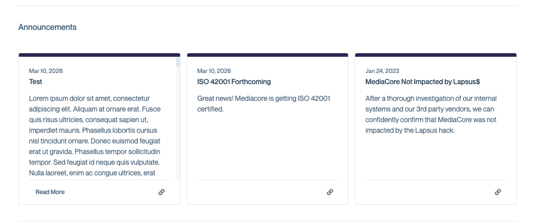 Announcements section on a Trust Center showing three announcement cards in a horizontal carousel with dates, titles, and body previews.