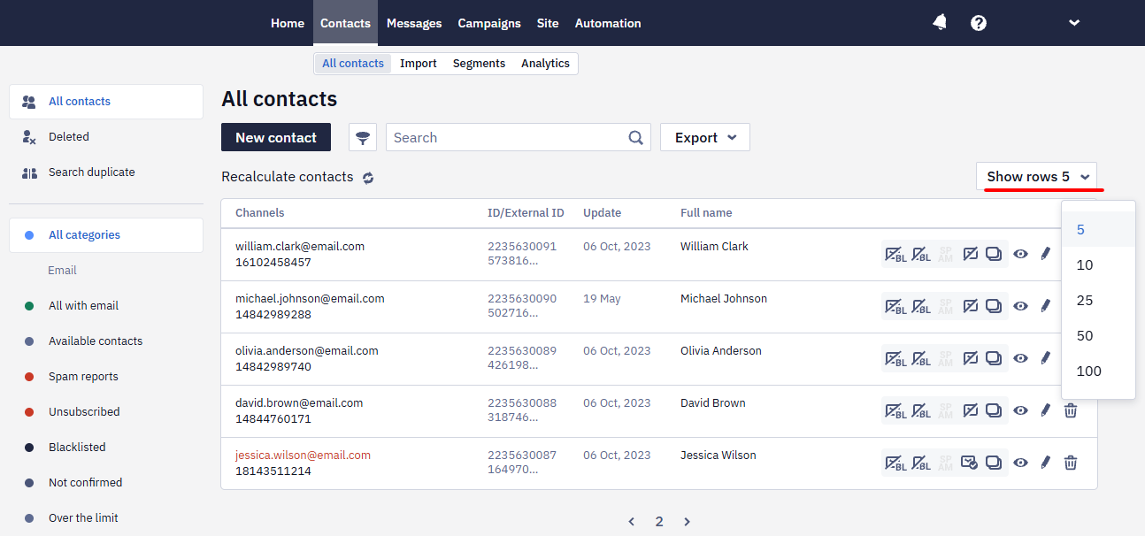 Show rows dropdown menu for setting the number of contacts per page