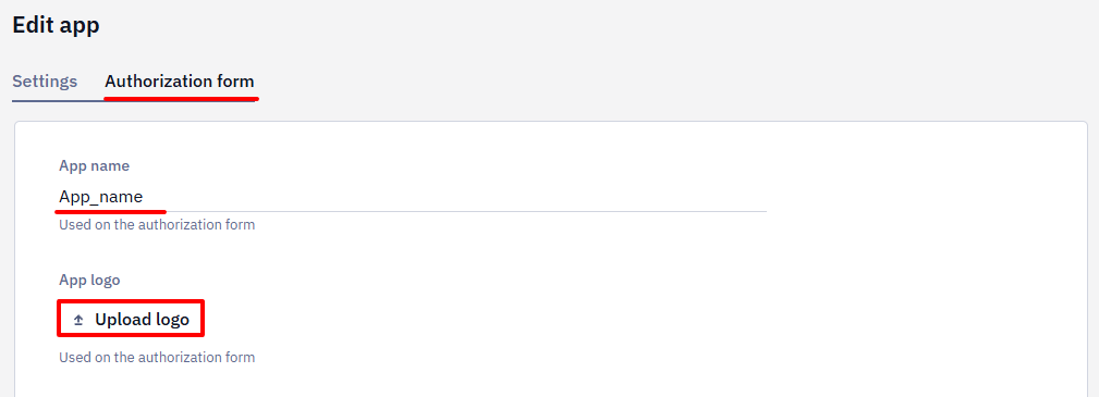 Edit app panel on the Authorization form tab with App name and an Upload logo button highlighted