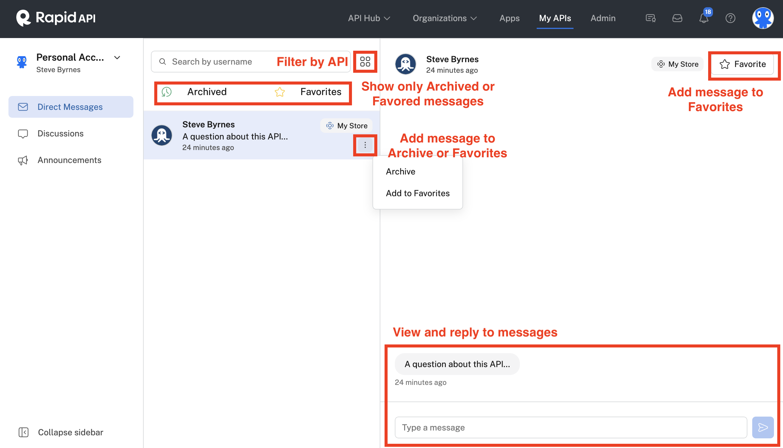 Viewing and replying to messages from API consumers.