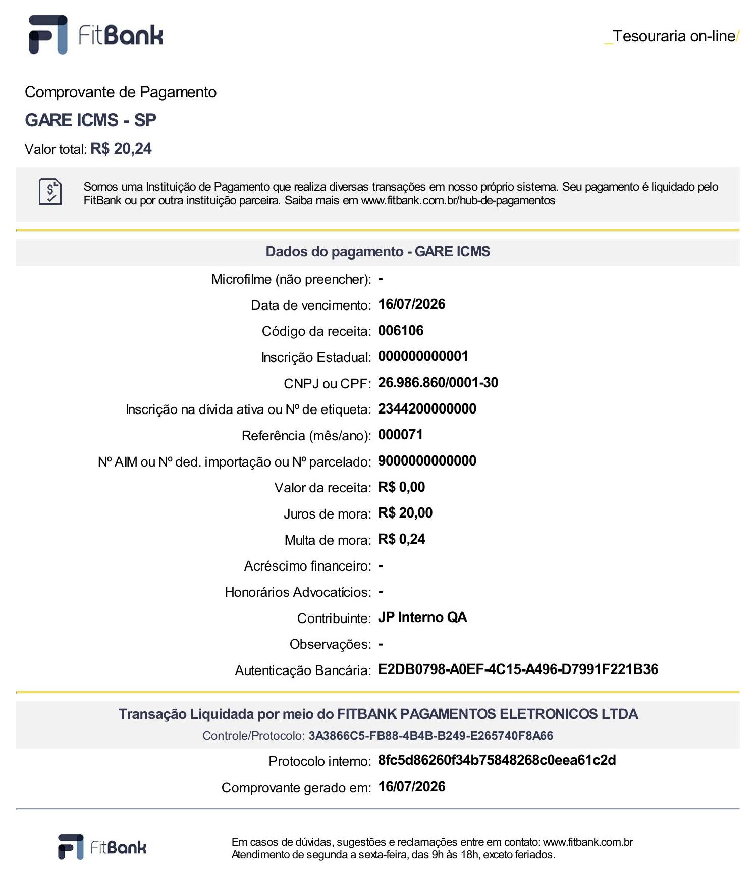 Example receipt - GeneratePaymentGARE