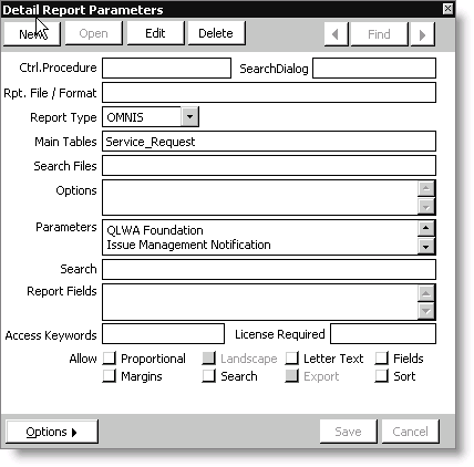 Example of Detail Report Parameters window for E-Mail Overlay report specification Example of Detail Report Parameters window for E-Mail Overlay report specification