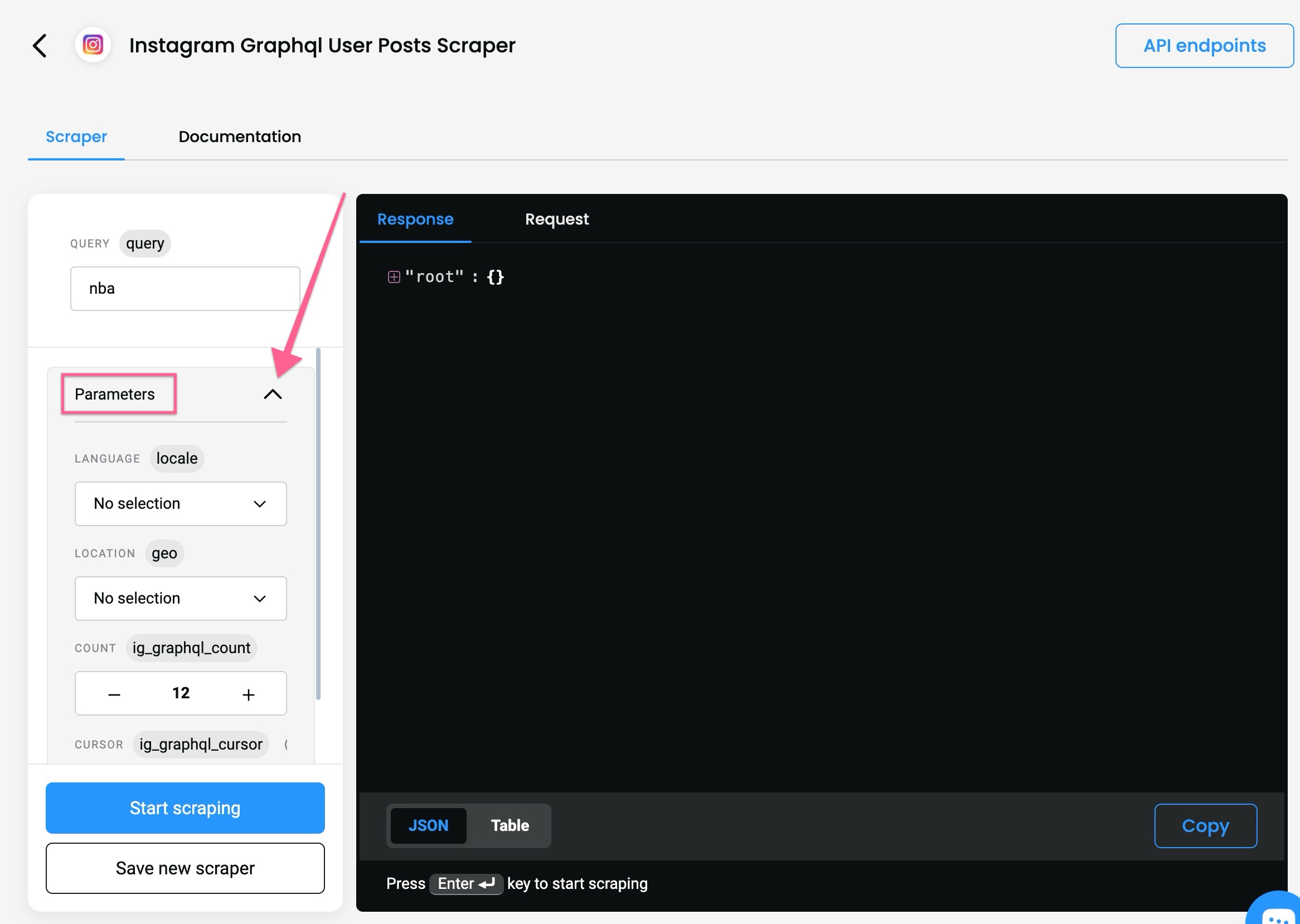 The Scrapers section – selecting parameters.