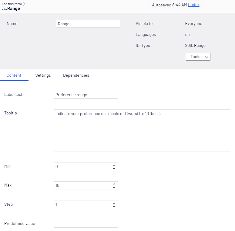 Screenshot of the Range element Content tab with Label text, Tooltip, Min, Max, Step, and Predefined value fields where editors configure the range slider