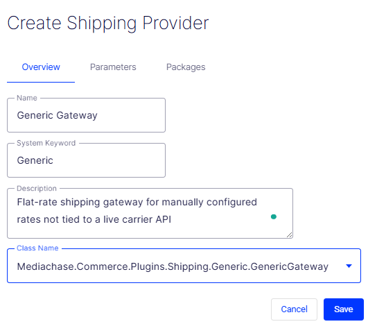 Create Shipping Provider form showing Overview tab with Name, System Keyword, Description, and Class Name fields
